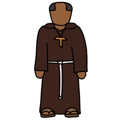 a person with brown skin and a dark tonsure wearing a dark brown robe tied with white rope at the waist, sandals, and a tau pendant.